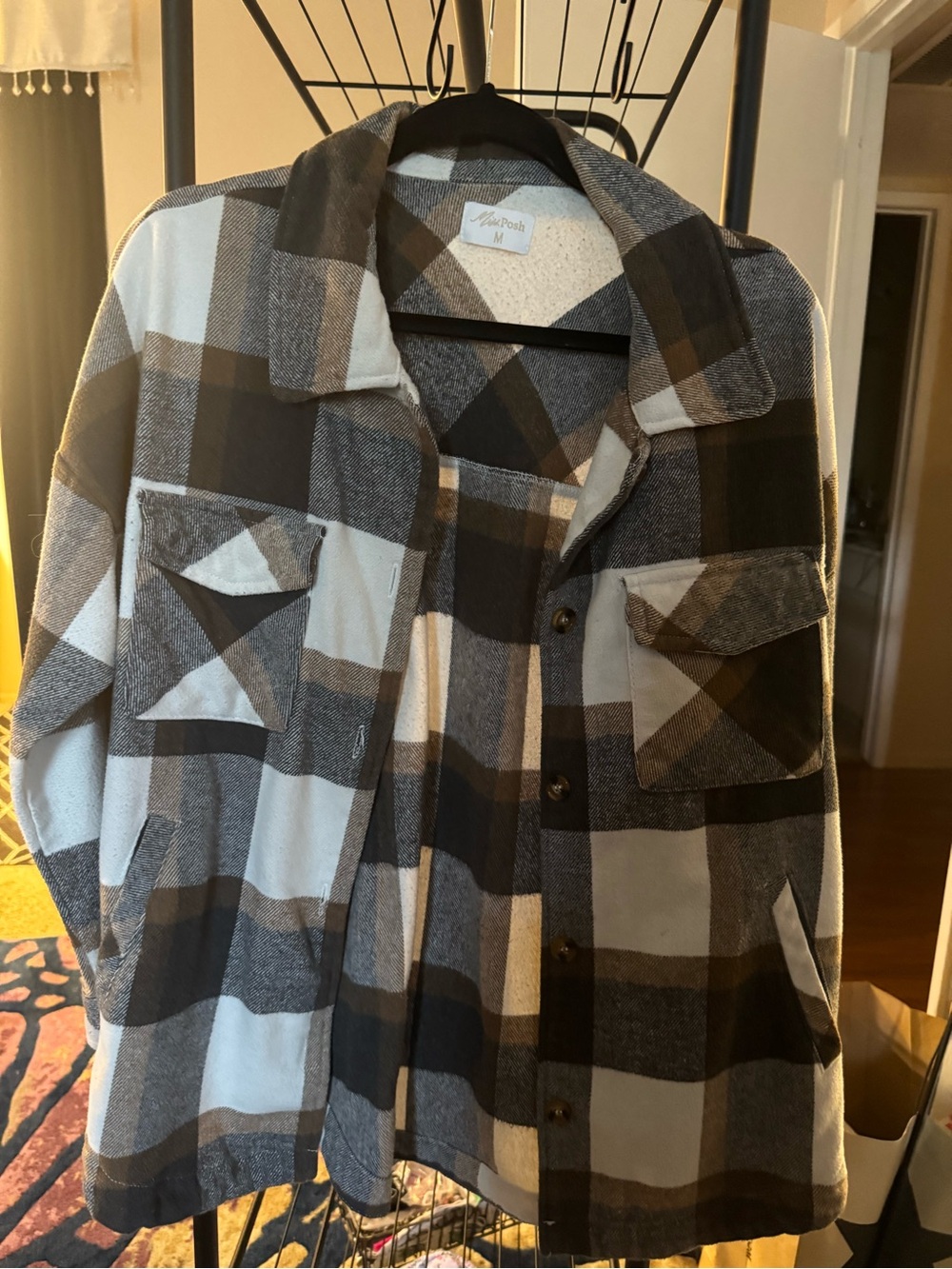 Plaid Utility Shacket Jacket in Black & Gray